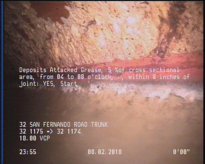 Deposits Attached Grease, 5 %of cross sectional area, from 04 to 08 o'clock, , within 8 inches of joint: YES, Start