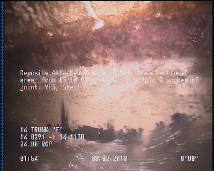 Deposits Attached Grease, 5 %of cross sectional area, from 03 to 09 o'clock, , within 8 inches of joint: YES, Start