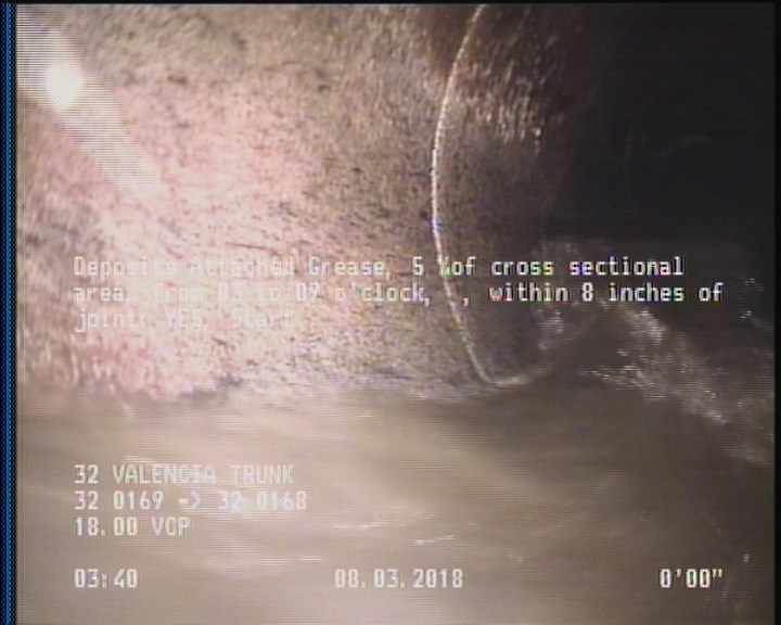 Deposits Attached Grease, 5 %of cross sectional area, from 03 to 09 o'clock, , within 8 inches of joint: YES, Start