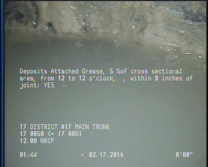 Deposits Attached Grease, 5 %of cross sectional area, from 12 to 12 o'clock, , within 8 inches of joint: YES
