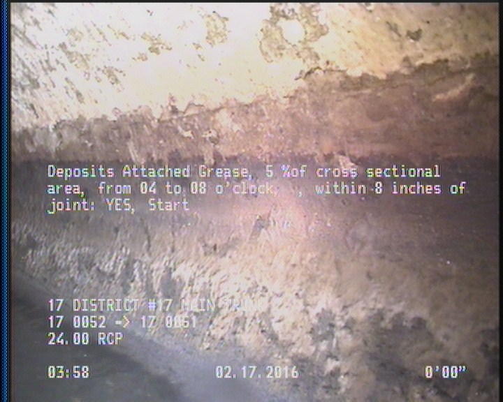 Deposits Attached Grease, 5 %of cross sectional area, from 04 to 08 o'clock, , within 8 inches of joint: YES, Start
