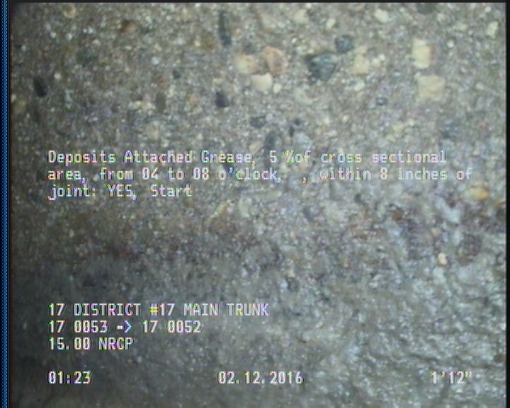 Deposits Attached Grease, 5 %of cross sectional area, from 04 to 08 o'clock, , within 8 inches of joint: YES, Start