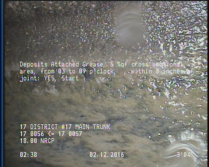 Deposits Attached Grease, 5 %of cross sectional area, from 03 to 09 o'clock, , within 8 inches of joint: YES, Start
