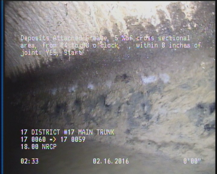 Deposits Attached Grease, 5 %of cross sectional area, from 04 to 08 o'clock, , within 8 inches of joint: YES, Start
