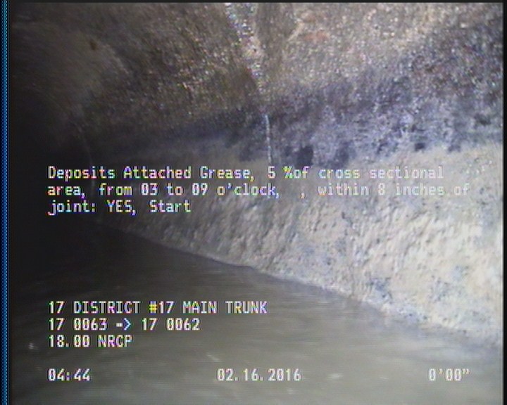 Deposits Attached Grease, 5 %of cross sectional area, from 03 to 09 o'clock, , within 8 inches of joint: YES, Start