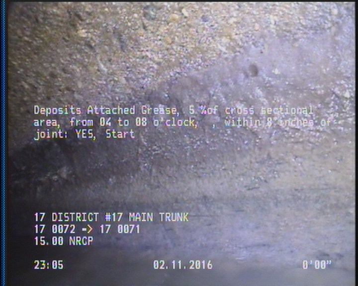 Deposits Attached Grease, 5 %of cross sectional area, from 04 to 08 o'clock, , within 8 inches of joint: YES, Start