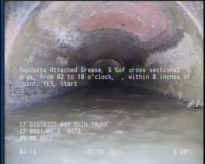 Deposits Attached Grease, 5 %of cross sectional area, from 02 to 10 o'clock, , within 8 inches of joint: YES, Start