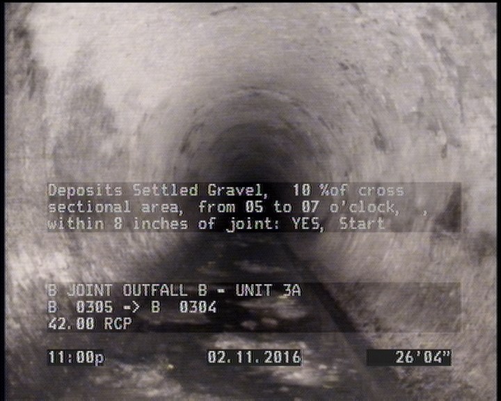 Deposits Settled Gravel, 10 %of cross sectional area, from 05 to 07 o'clock, , within 8 inches of joint: YES, Start