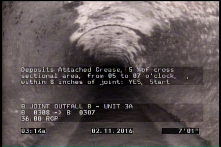 Deposits Attached Grease, 5 %of cross sectional area, from 05 to 07 o'clock, , within 8 inches of joint: YES, Start