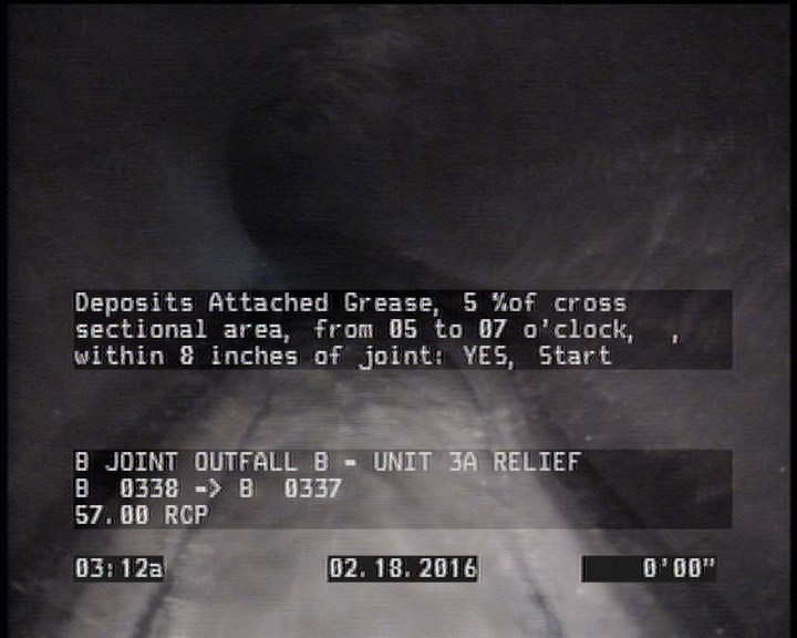 Deposits Attached Grease, 5 %of cross sectional area, from 05 to 07 o'clock, , within 8 inches of joint: YES, Start