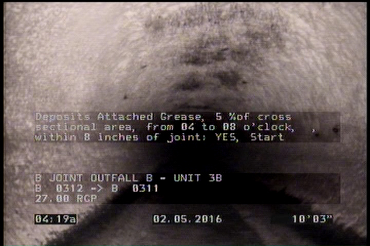 Deposits Attached Grease, 5 %of cross sectional area, from 04 to 08 o'clock, , within 8 inches of joint: YES, Start