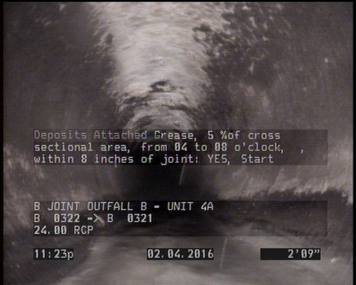 Deposits Attached Grease, 5 %of cross sectional area, from 04 to 08 o'clock, , within 8 inches of joint: YES, Start