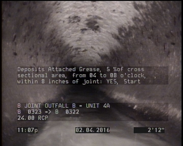 Deposits Attached Grease, 5 %of cross sectional area, from 04 to 08 o'clock, , within 8 inches of joint: YES, Start