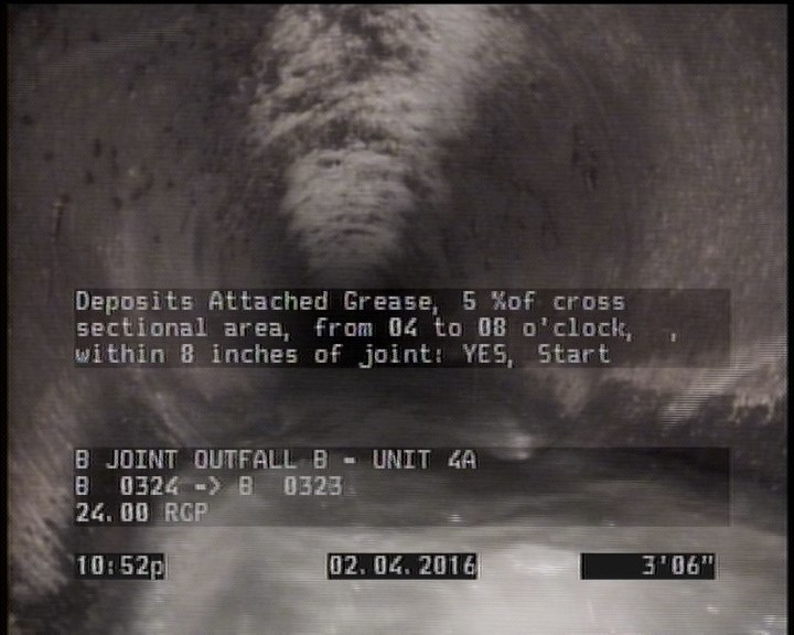 Deposits Attached Grease, 5 %of cross sectional area, from 04 to 08 o'clock, , within 8 inches of joint: YES, Start