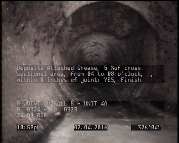 Deposits Attached Grease, 5 %of cross sectional area, from 04 to 08 o'clock, , within 8 inches of joint: YES, Finish
