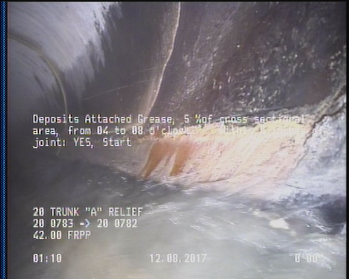 Deposits Attached Grease, 5 %of cross sectional area, from 04 to 08 o'clock, , within 8 inches of joint: YES, Start
