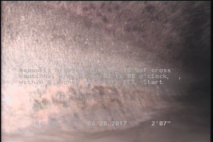 Deposits Attached Grease, 15 %of cross sectional area, from 04 to 08 o'clock, , within 8 inches of joint: YES, Start