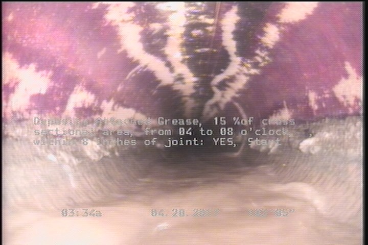 Deposits Attached Grease, 15 %of cross sectional area, from 04 to 08 o'clock, , within 8 inches of joint: YES, Start