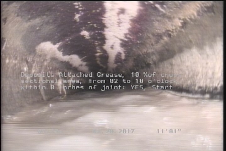 Deposits Attached Grease, 10 %of cross sectional area, from 02 to 10 o'clock, , within 8 inches of joint: YES, Start