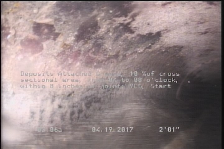 Deposits Attached Grease, 10 %of cross sectional area, from 04 to 08 o'clock, , within 8 inches of joint: YES, Start
