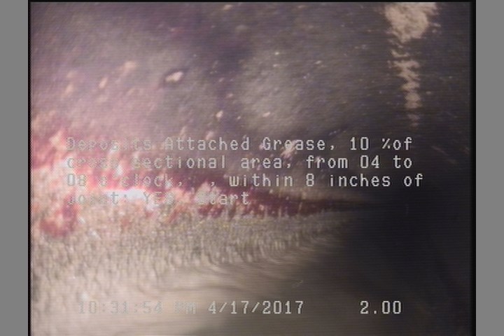 Deposits Attached Grease, 10 %of cross sectional area, from 04 to 08 o'clock, , within 8 inches of joint: YES, Start