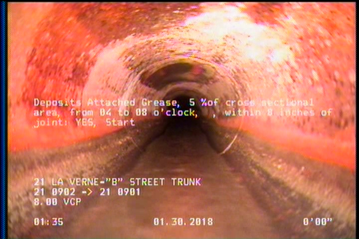 Deposits Attached Grease, 5 %of cross sectional area, from 04 to 08 o'clock, , within 8 inches of joint: YES, Start