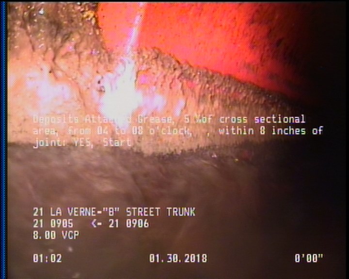 Deposits Attached Grease, 5 %of cross sectional area, from 04 to 08 o'clock, , within 8 inches of joint: YES, Start