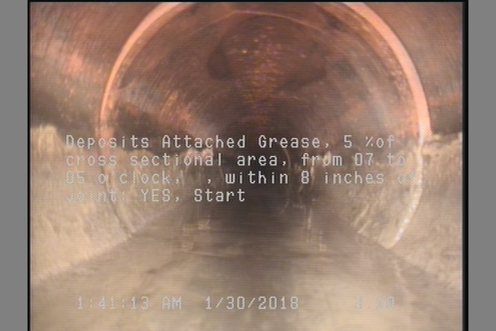 Deposits Attached Grease, 5 %of cross sectional area, from 03 to 09 o'clock, , within 8 inches of joint: YES, Start