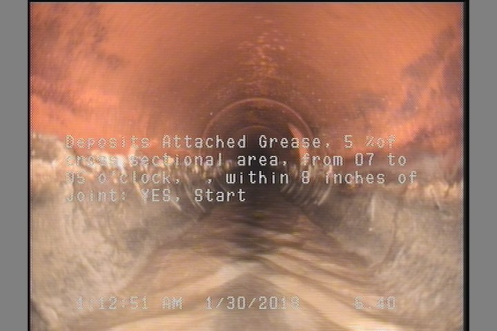 Deposits Attached Grease, 5 %of cross sectional area, from 03 to 09 o'clock, , within 8 inches of joint: YES, Start