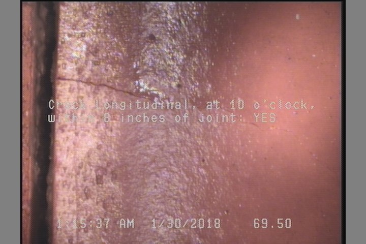 Crack Longitudinal, at 10 o'clock, within 8 inches of joint: YES