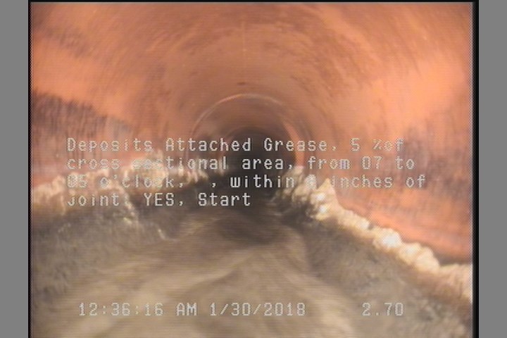 Deposits Attached Grease, 5 %of cross sectional area, from 03 to 09 o'clock, , within 8 inches of joint: YES, Start