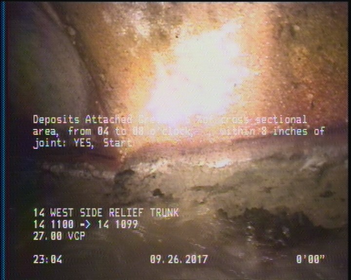 Deposits Attached Grease, 5 %of cross sectional area, from 04 to 08 o'clock, , within 8 inches of joint: YES, Start