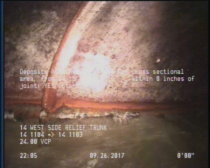 Deposits Attached Grease, 5 %of cross sectional area, from 04 to 08 o'clock, , within 8 inches of joint: YES, Start