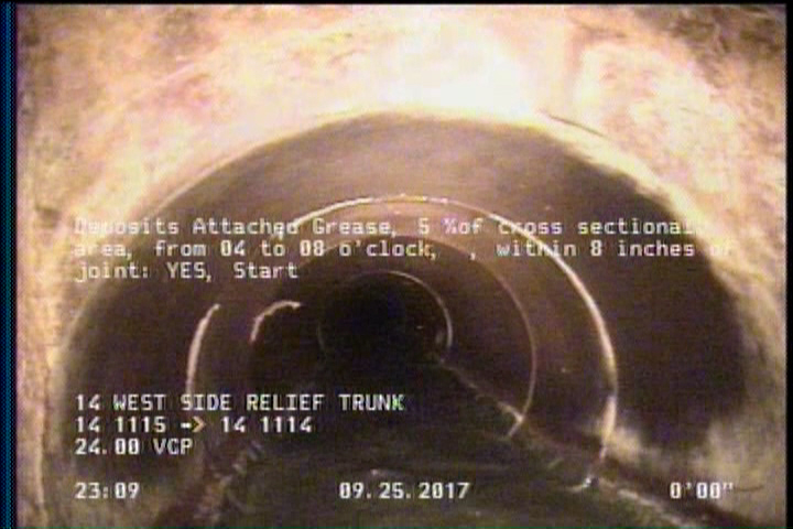 Deposits Attached Grease, 5 %of cross sectional area, from 04 to 08 o'clock, , within 8 inches of joint: YES, Start