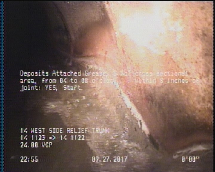 Deposits Attached Grease, 5 %of cross sectional area, from 04 to 08 o'clock, , within 8 inches of joint: YES, Start