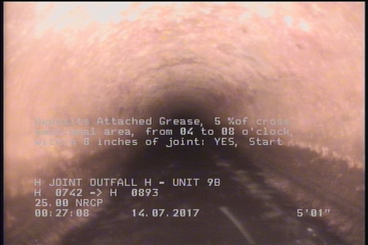 Deposits Attached Grease, 5 %of cross sectional area, from 04 to 08 o'clock, , within 8 inches of joint: YES, Start