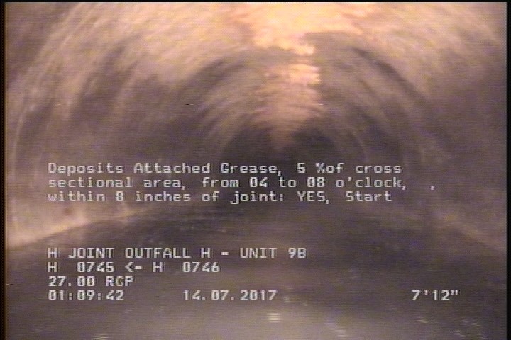Deposits Attached Grease, 5 %of cross sectional area, from 04 to 08 o'clock, , within 8 inches of joint: YES, Start