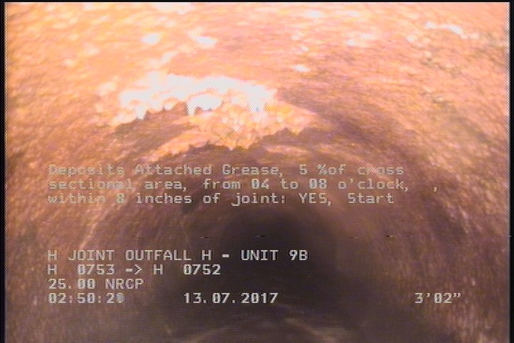 Deposits Attached Grease, 5 %of cross sectional area, from 04 to 08 o'clock, , within 8 inches of joint: YES, Start