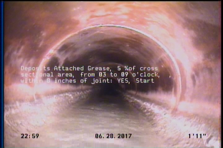 Deposits Attached Grease, 5 %of cross sectional area, from 03 to 09 o'clock, , within 8 inches of joint: YES, Start