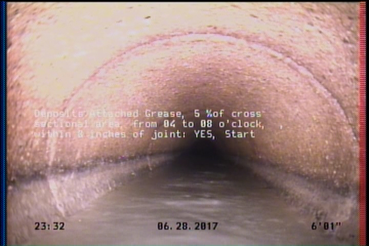Deposits Attached Grease, 5 %of cross sectional area, from 04 to 08 o'clock, , within 8 inches of joint: YES, Start