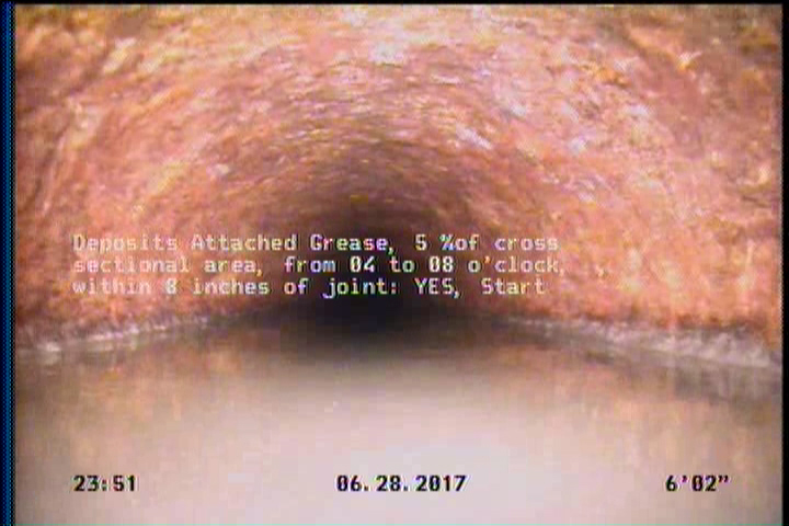 Deposits Attached Grease, 5 %of cross sectional area, from 04 to 08 o'clock, , within 8 inches of joint: YES, Start