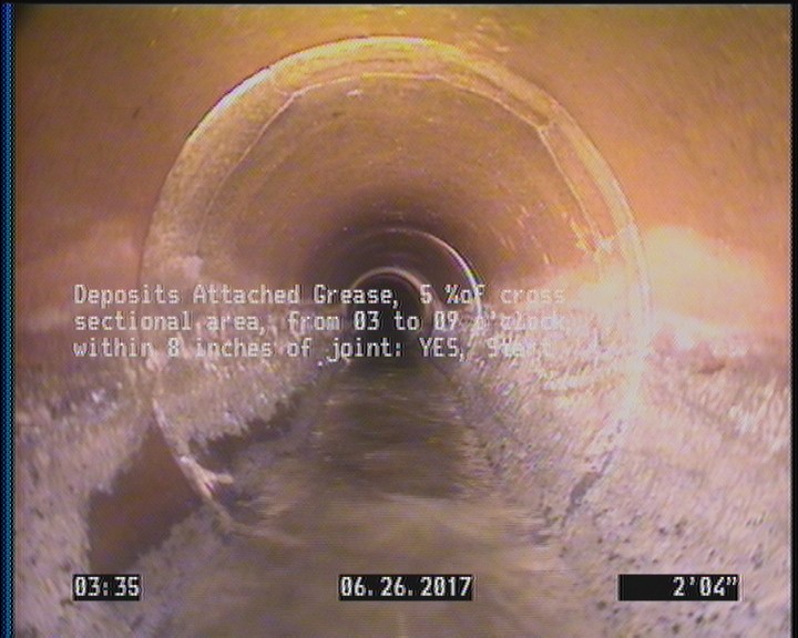 Deposits Attached Grease, 5 %of cross sectional area, from 03 to 09 o'clock, , within 8 inches of joint: YES, Start