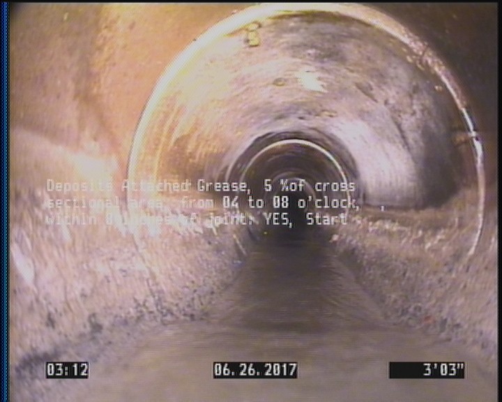 Deposits Attached Grease, 5 %of cross sectional area, from 04 to 08 o'clock, , within 8 inches of joint: YES, Start