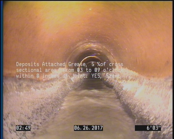 Deposits Attached Grease, 5 %of cross sectional area, from 03 to 09 o'clock, , within 8 inches of joint: YES, Start
