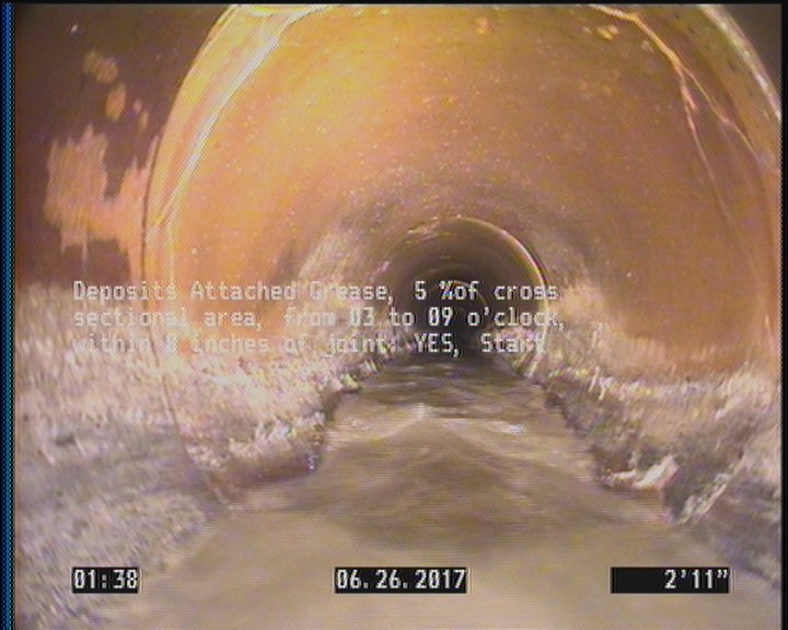 Deposits Attached Grease, 5 %of cross sectional area, from 03 to 09 o'clock, , within 8 inches of joint: YES, Start