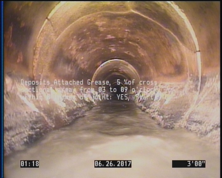 Deposits Attached Grease, 5 %of cross sectional area, from 03 to 09 o'clock, , within 8 inches of joint: YES, Start