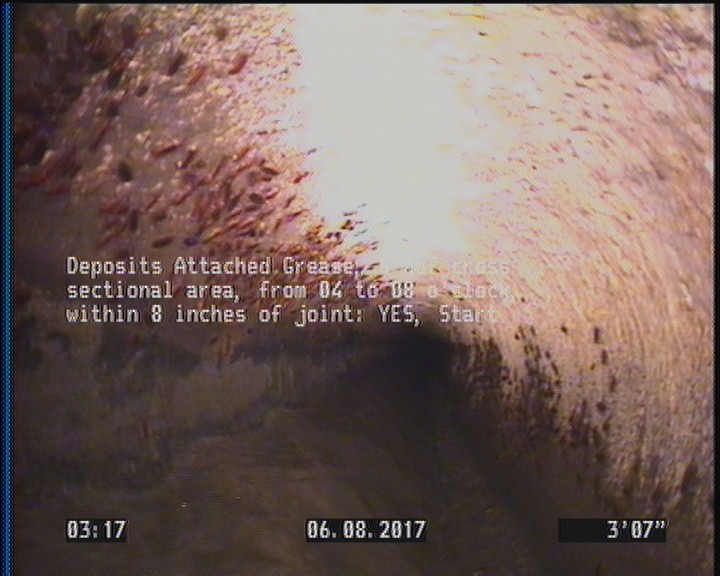 Deposits Attached Grease, 5 %of cross sectional area, from 04 to 08 o'clock, , within 8 inches of joint: YES, Start
