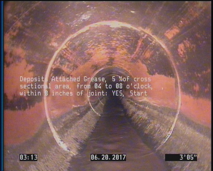 Deposits Attached Grease, 5 %of cross sectional area, from 04 to 08 o'clock, , within 8 inches of joint: YES, Start