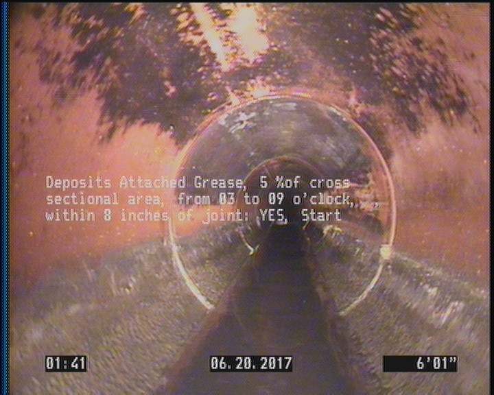 Deposits Attached Grease, 5 %of cross sectional area, from 03 to 09 o'clock, , within 8 inches of joint: YES, Start