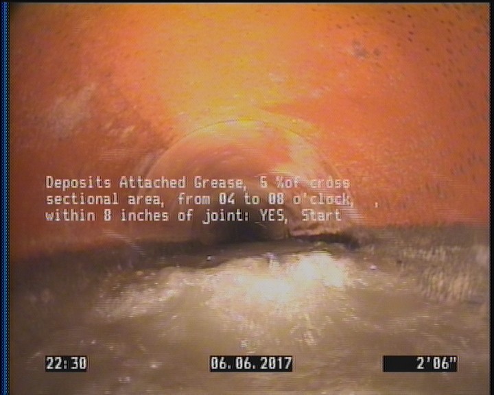 Deposits Attached Grease, 5 %of cross sectional area, from 04 to 08 o'clock, , within 8 inches of joint: YES, Start